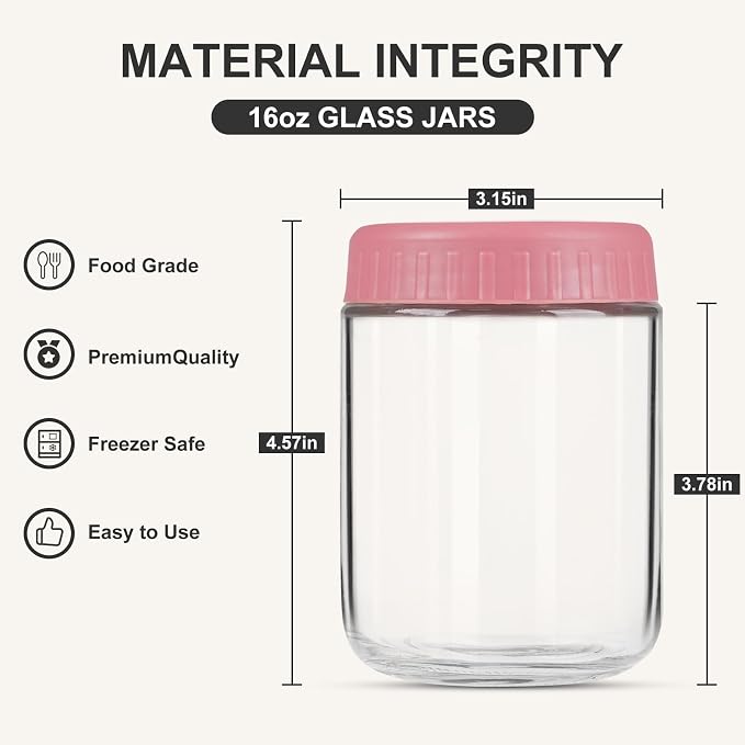 SHOWIN Overnight Oats Containers with Lids, 16oz Glass Jars with Lids 4 pcs, Candy, Wide Mouth Mason jars for Salad, Yogurt, Snacks, Meal Prep