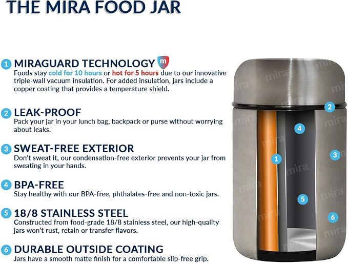 MIRA 9oz Insulated Food Jar Thermo for Hot Food & Soup, Compact Stainless Steel Vacuum Lunch Container - White