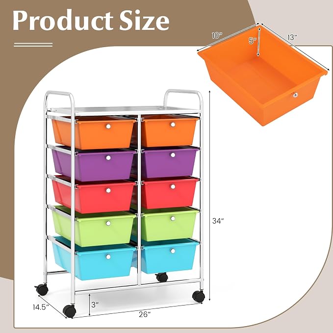 Moccha 10-Drawer Rolling Storage Cart - Storage Drawers Organizer with wheels for Craft Art Supply Paper Salon, Scrapbook Paper Tools, Under Desk Cabinet on Wheels for Classroom Office Home School