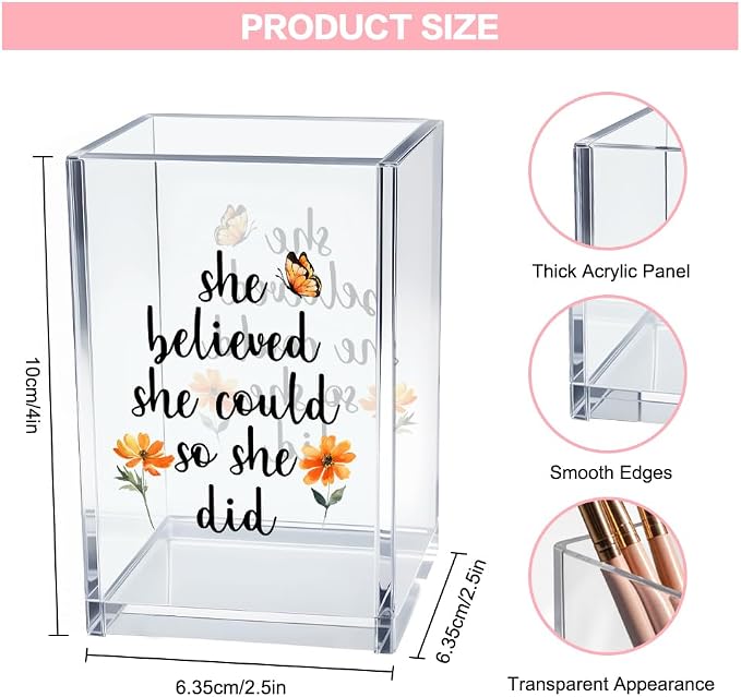 She Believed She Could So She Did Acrylic Cosmetic Pencil Pen Holder Cup, Motivational Desk Organizer Accessories for Home Office Decor, Graduation Inspirational Gifts for Women Girl Coworker