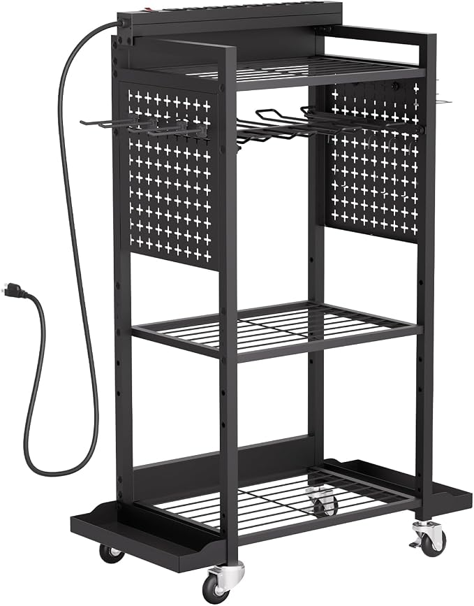 VEVOR 4-Tier Tool Organizer Cart with Charging Station, 8 AC Outlet, Floor Stand Rolling Drill Holder and Tool Battery Storage Rack on Wheels, Garage Floor Rolling Storage Cart for Workshop, Garage