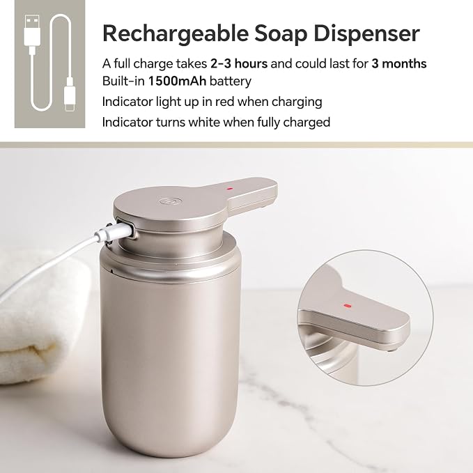 LAOPAO Automatic Soap Dispenser, Liquid Hand Soap Dispenser for Bathroom Kitchen Rechargeable Touchless Hand Soap Pump, 10oz