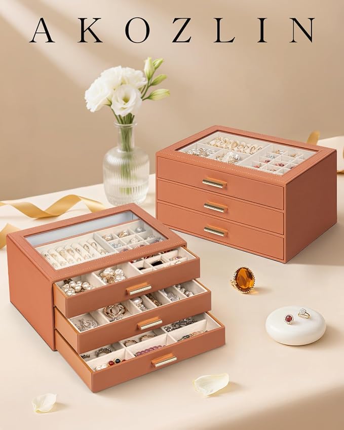 AKOZLIN Jewelry Box with Clear Lid Functional Leather Jewelry Storage Organizer Case 3 Drawers for Women Girls Necklace Ring Bracelet Earring