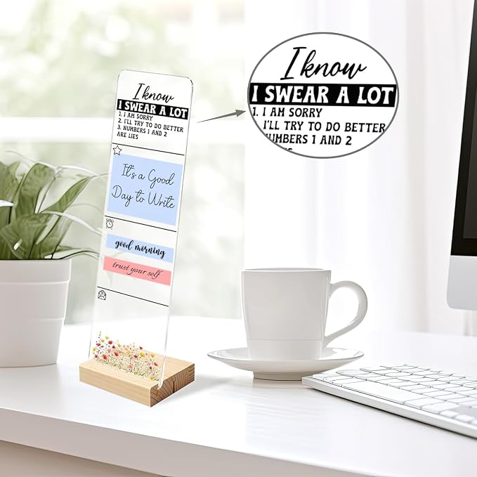 Sticky Note Holder, Monitor Memo Board, Acrylic Post It Note Holder with Wooden Base, Includes 200 Notes, Desk Organizer Funny Swear Quote