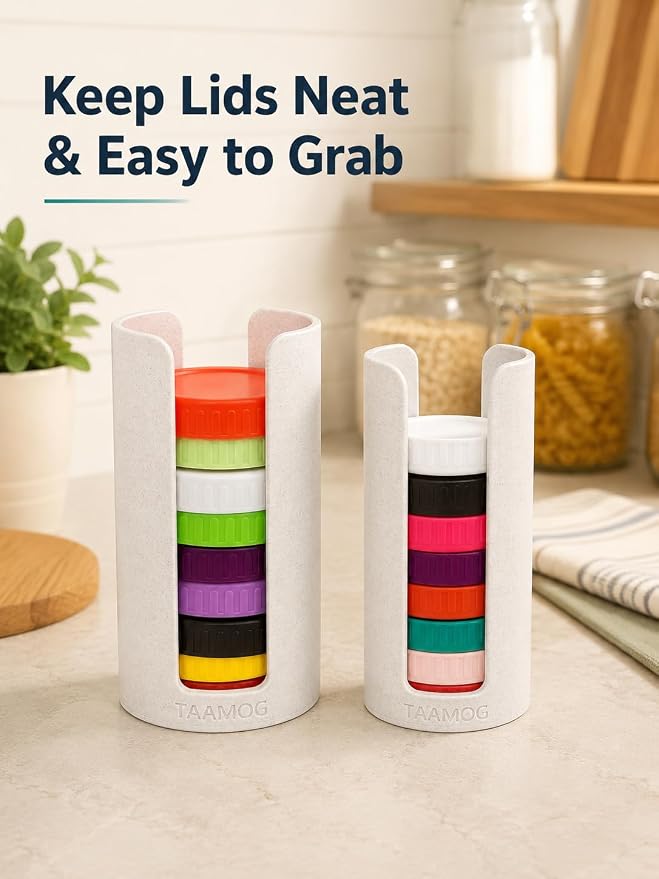 2Pcs Mason Jar Lid Organizer - 3D Printed Marble Canning Lid Storage Rack for Wide & Regular Mouth Lids, Stackable Kitchen Cabinet & Countertop Holder, Fits Reusable Canning, Yeti Lids - Marble White