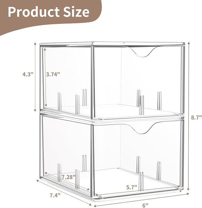 2 Pack Clear Tea Bag Organizers with Adjustable Dividers, Stackable Tea Drawer Organizer Box for Pantry, Coffee Bar, Kitchen Cabinet, Acrylic Food Storage Bins for Snacks, Sugar & Spice Packets