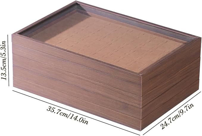 Wood Jewelry Organizer Tray, 5-Piece Set (Brown, 5Pc) | 5 Piece Jewelry Organizer Set, Large Capacity Storage, Glass Top Ring Necklace Display, Versatile Tray