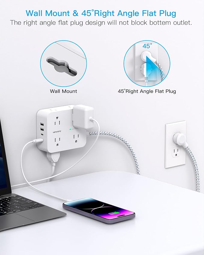 HANYCONY Extension Cord 25 Ft, Surge Protector Power Strip with 8 Outlets 4 USB Ports(2 USB C), Long Cord, Wall Mount, Desk USB Charging Station for Home Office College Dorm Room Essentials