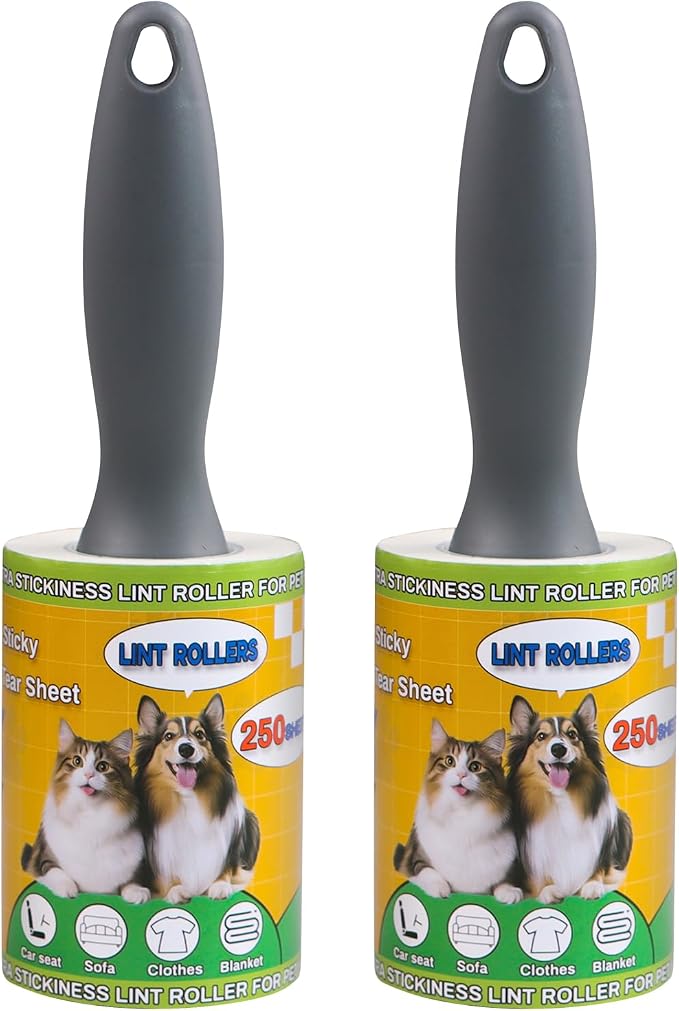 Lint Roller Pet Hair Value Pack of 500 Sheets, Extra Sticky Lint Remover for Dog & Cat Fur, Clothes, Furniture, Couches Reusable Rollers for Fuzz, Fluff & Hair (White, 2 Count / 500 Sheets)