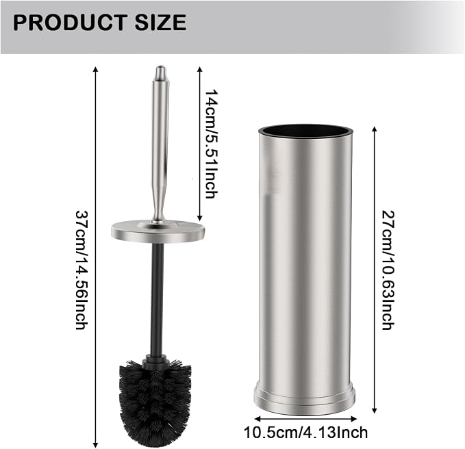 Stainless Steel Toilet Brush and Holder Set : Weighted Stable Base, Removable Inner Tube.Long Handle Toilet Bowl Brush Splash-Proof Design for Deep Cleaning & Space-Saving Storage,Nickel
