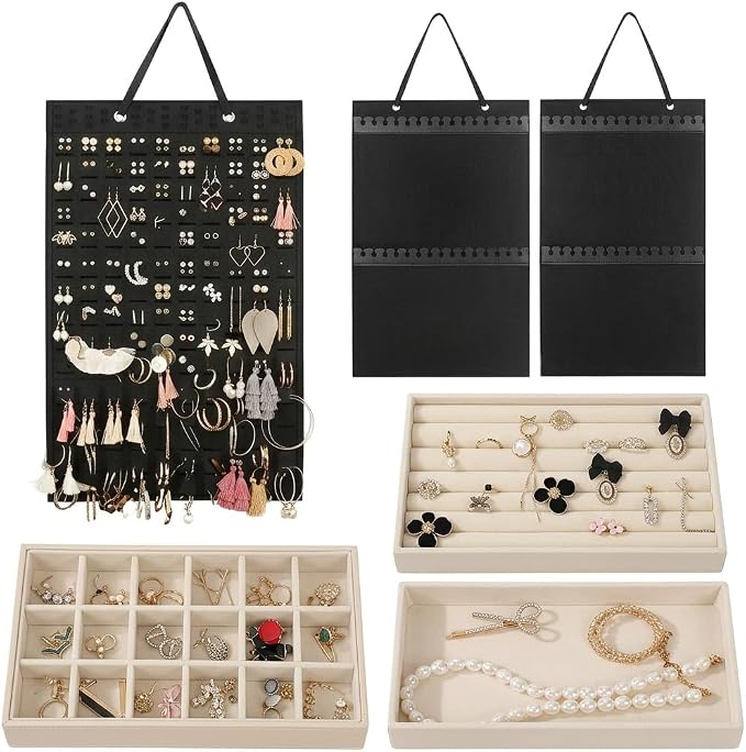 Hanging Jewelry Organizer & Drawer Trays Set - Double-Sided Wall Hanger for Necklaces & Earrings, 3 Stackable Velvet Storage Inserts for Rings & Bracelets - 5 Pack