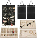 Hanging Jewelry Organizer & Drawer Trays Set - Double-Sided Wall Hanger for Necklaces & Earrings, 3 Stackable Velvet Storage Inserts for Rings & Bracelets - 5 Pack