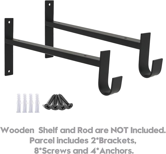 AddGrace Closet Rod Bracket Heavy Duty Shelf Brackets Black 10 Inch 2 Pack | Fit for Closet Wardrobe Laundry Room and Kitchen, with Hook, Store Above and Hang Below, Supports 66 lbs, Easy to Install