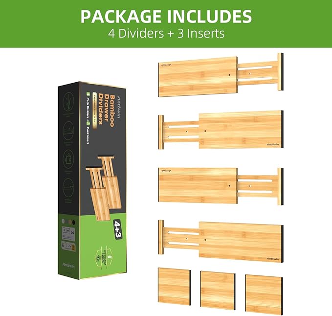 ANTOWIN 4 Pack Expandable Drawer Dividers, 4.7'' High, Extend from 12.2'' to 17.7'', Dresser Drawer Organizers, Bamboo Separators for Kitchen, Bedroom, Office, Bathroom (Natural)
