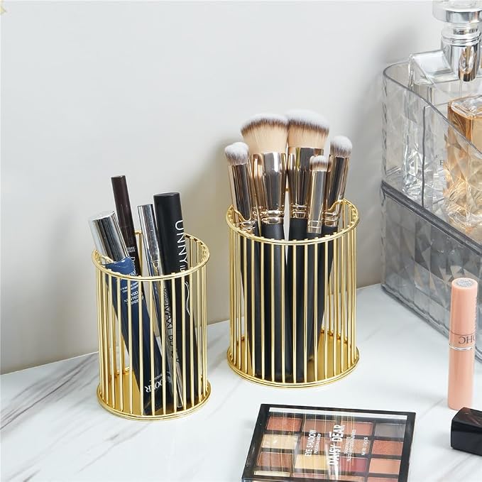 2 Sets Metal Pen Holder for Desk, Makeup Brushes Cup Holder, Pencil Holders, Pen cup, Home and Office Organizer, Gold