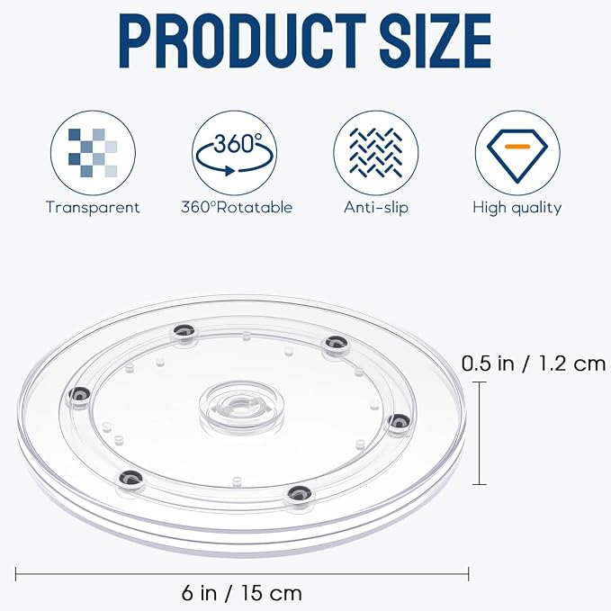 6" Acrylic Clear Small Lazy Susan Turntable | Steel Ball Bearing for 360-Degree Rotation,Durable Plastic Turntable for Tables Top,Cabinets,Spice Racks