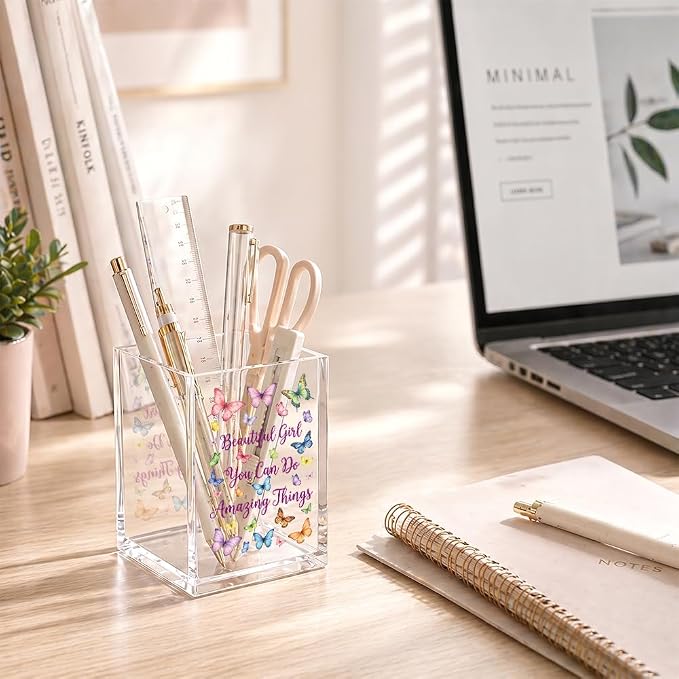 Funny Beautiful Girl You Can Do Acrylic Pencil Holder Cup | Inspirational Amazing Things Makeup Brush, Butterfly Encourage Gifts for Women Sister Daughter, Bathroom Vanity Organizer