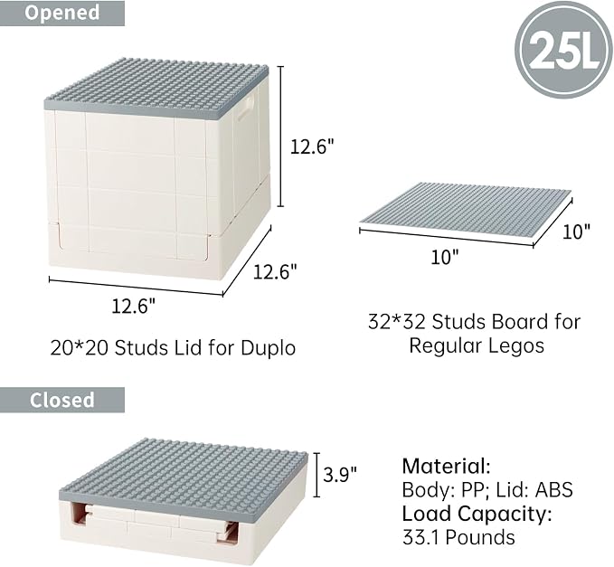 SHIMOYAMA Folding Storage Box with Large Building Lid for Duplo Blocks, 25L Collapsible Storage Bin, 26 Qt. Container (Gray)