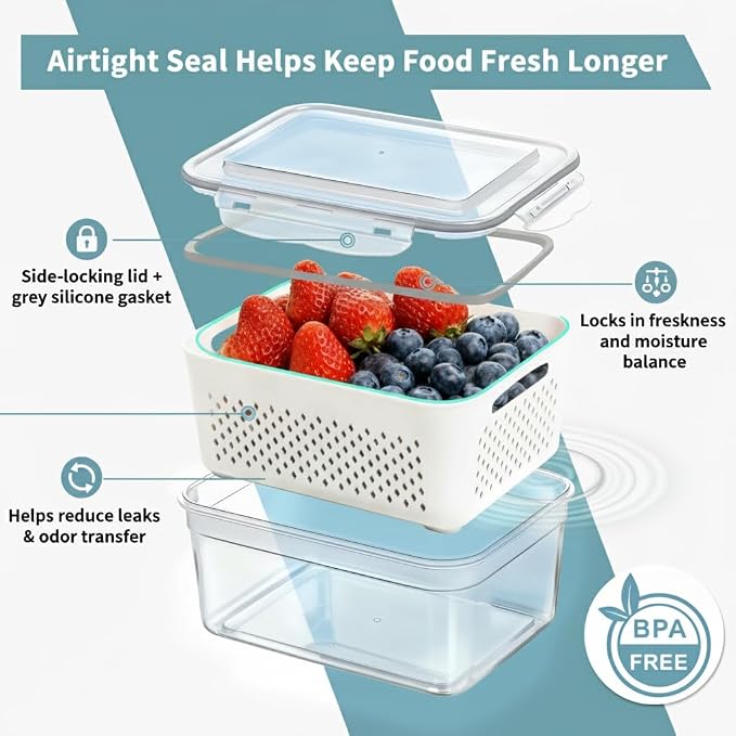 Fruit Storage Containers for Fridge 2 Pack, Fridge Organizers and Storage, Fruit and Vegetable Storage Produce Box with Drain Basket, Refrigerator Food Saver Set