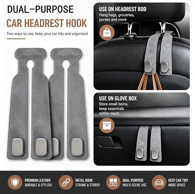 2-Pack Car Hanging Hooks for Car Seat Back & Glove Box, Grey | Dual-Use Purses & Bags Hanger for Car With Metal Hooks - Keep Floor & Seats Clutter-Free, Car Interior Organizer Accessories