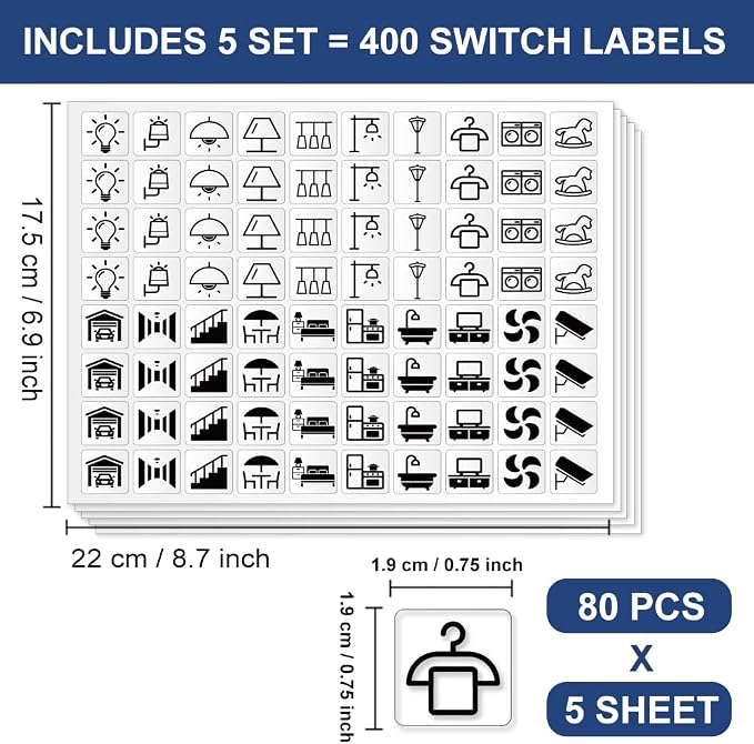 400 Pcs Light Switch Sticker Labels, 20 Designs Transparent Switch ID Sticker Black Switchboard Label Decals for Home Kitchen Bathroom Office School
