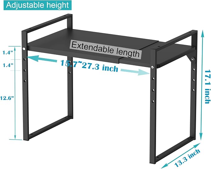 iPEGTOP Extendable Microwave Oven Rack, Adjustable Height Microwave/Toaster Shelf Heavy Duty Metal Pantry Shelf Space Riser Stand Organizer,Black