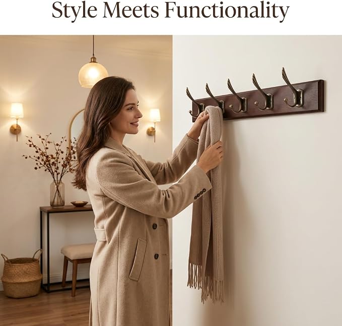 Wall Mounted Coat Rack with Solid Wood, 5 Bronze Metal Hooks – 19.6 Inch Rustic Brown Entryway Organizer for Hanging Coats, Hats, Jackets, Scarves, Bags, for Hallway, Bedroom, Bathroom（5Hooks）