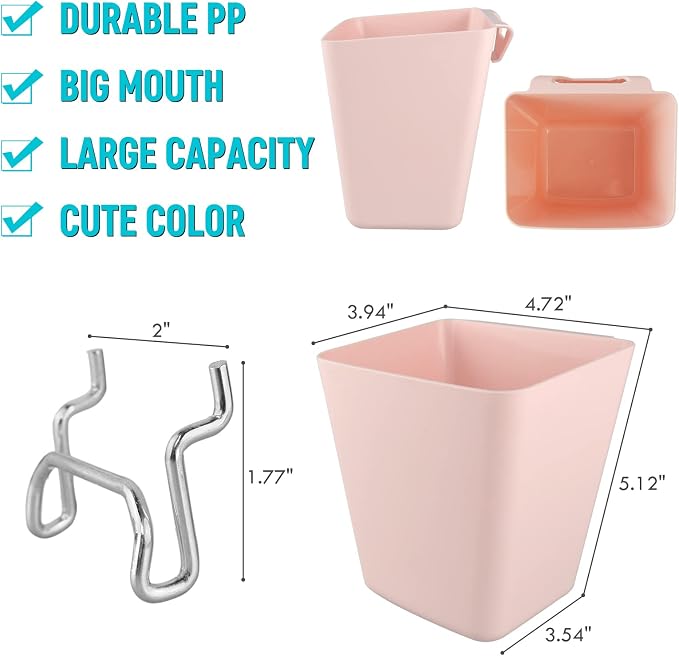 G.CORE Large Pegboard Cups Peg Board Storage Bin 6 Pack with Hooks, Square Box Shape Pegboard Cup Holder Accessories for Garage Workbench/Craft Room/Office/Playroom/Home Kitchen Organization (Pink) | Big Open-Mouth Cups, 1/8" 1/4" Pegboard Organizer Ac...