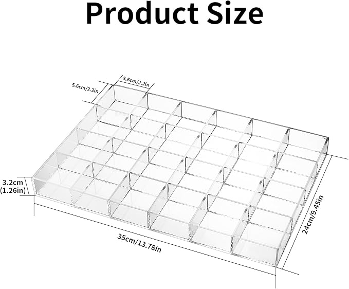 Large Clear Jewelry Organizer Display Tray, Storage Case for Rings, Earrings, Necklaces, Acrylic Drawer Organizer Trays (24 Grids)