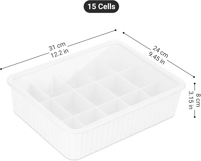 Cetomo 15 Cells Plastic Underwear Sock Drawer Organizer with Lid, Lidded Storage Box with Dividers for Bras and Socks, Basket for Closet, Stackable, White, 15 Compartments (31 x 24 x 8 cm)