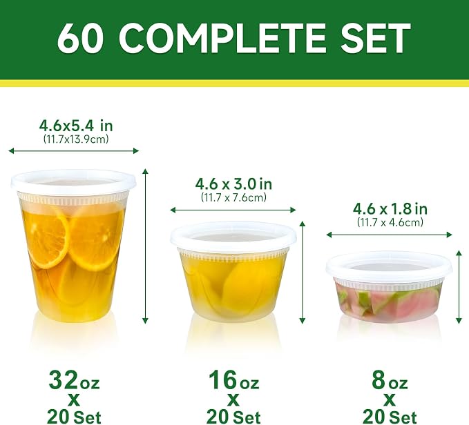 Dealusy 60 Set Deli Containers with Lids, 32/16/8 oz X 20 Set Each Leak-Proof BPA Free Plastic Take Out Bowls, Food Storage Containers for Meal Prep Storage, Freezer, Microwave & Dishwasher Safe