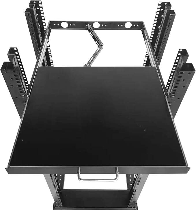 GlobalRack 1U Keyboard Drawer, 18 Depth, Extends to 27.5", Soft-Close | keyboard mount | 1U rack drawer | Soft-close damping | Foldable handle | Built-in cable management | Heavy-gauge stee
