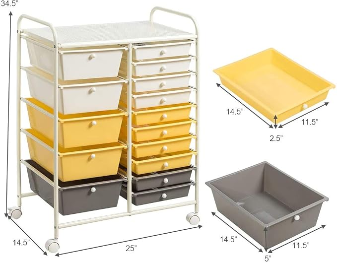 Moccha 15-Drawer Rolling Storage Cart - Under Desk Storage Drawers with wheels for Craft Art Supply Paper Salon, Scrapbook Paper Tools, Mobile Utility Cart for Classroom (15 Drawers, Yellow)
