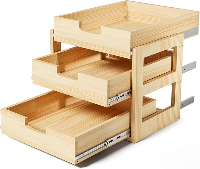 Pull Out Cabinet Organizer, 26''W×21''D Sliding Drawers for Cabinets, 3 Tier Soft Close Slide Out Wooden Pull out Drawers, Base Cabinet Organization for Kitchen, Pantry, Bathroom.