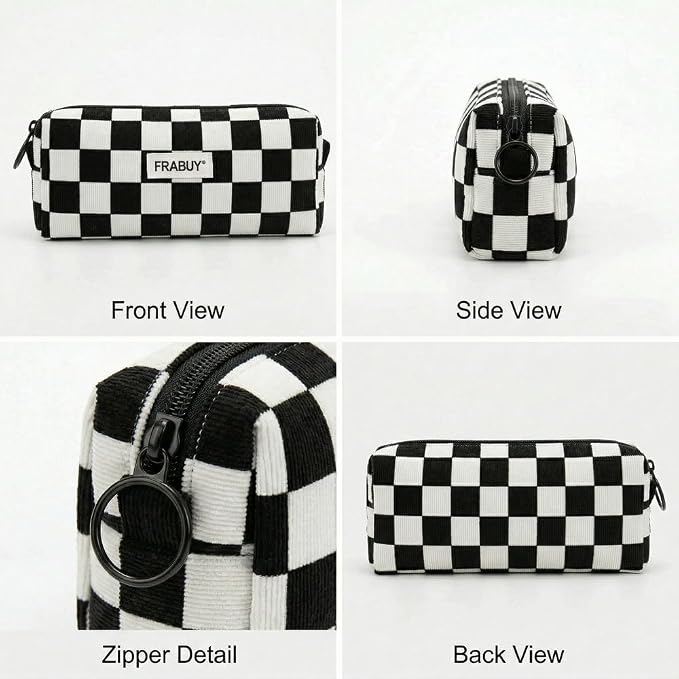 Soft Corduroy Pencil Case Pen Pouch Organizer, Small Stationery Bag | Cute black checkerboard pencil pouch, smooth zipper, daily cosmetics holder, compact organizer for school teen girls, women