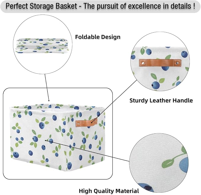 Cube Storage Bins for Shelves, Blueberry Branch Pattern Collapsible Fabric Toys Storage Basket Box with Handles for Home Office Bedroom Closet