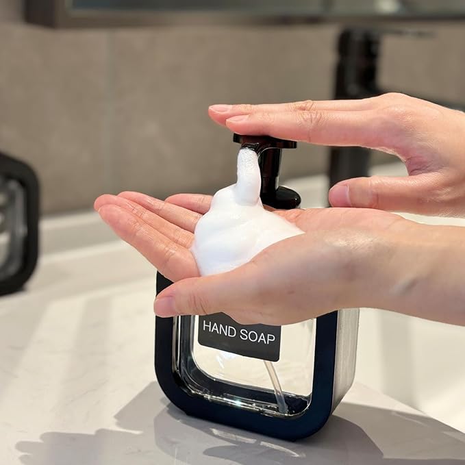 Foaming Soap Dispenser, 2 Pack 300ml (10oz) Plastic Refillable Foaming Hand Soap Dispenser with 16 Pcs Waterproof Labels, Foam Pump Bottle for Bathroom and Kitchen (Black)