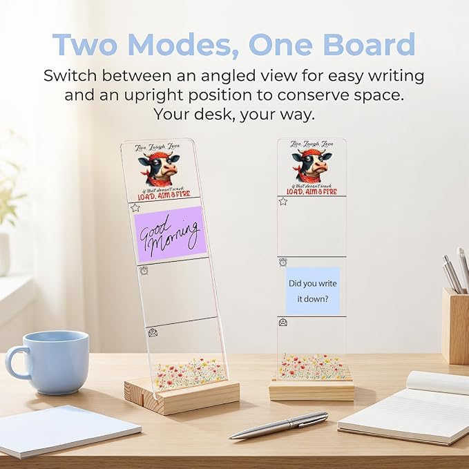 Sticky Note Holder, Monitor Memo Board, Acrylic Post It Note Holder with Wooden Base, Includes 200 Notes, Desk Organizer, Funny Cow Quote “Live Laugh Love Load Aim & Fire”