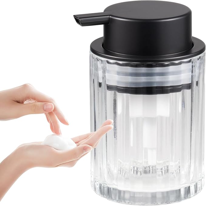 Amolliar Foaming Soap Dispenser, Refillable 8OZ Hand Soap Dispenser, Black | Glass Soap Dispenser Plastic Pump, Dish Soap Dispenser for Kitchen, Bathroom Accessories Set, Bathroom Home Decor(1 Pack)