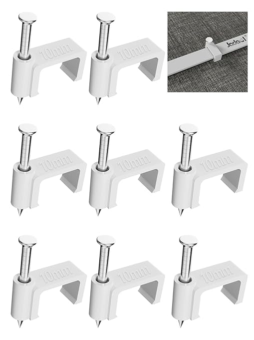 Jadaol 100Pcs 10mm Nail-in Cable Clips for Flat Ethernet, TV, Speaker Wire - Wall Tacks for Cat5/Cat5e/Cat6/Cat7 RJ45 Cords