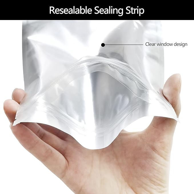 Mylar Bags for Food Storage 100 Pack 7 x 10 Inch Smell Proof Bags with Clear Window Resealable Aluminum Foil Packaging Pouch Bag Silver