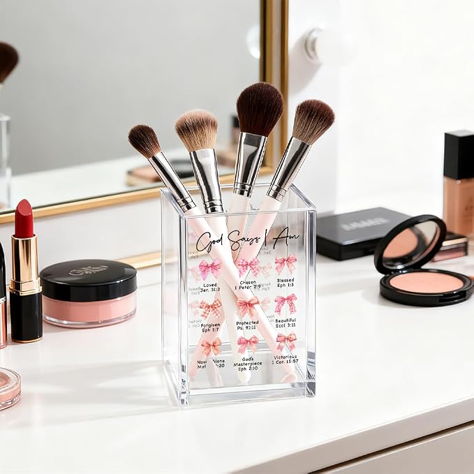 God Says Acrylic Cosmetic Organizer Pen Holder, Christian Acrylic Desk Holder Cup for Pen Pencil, Religious Gifts for Women Coworker Female Leader, Inspirational Office Gifts for Religious Lover