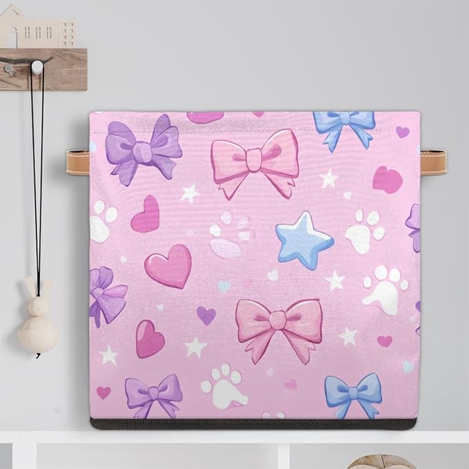 TropicalLife Paw Pink Bow Storage Cube, 13 Inch Fabric Cube Storage Organizer Bin for Shelves Clothes, Decorative Foldable Storage Boxes
