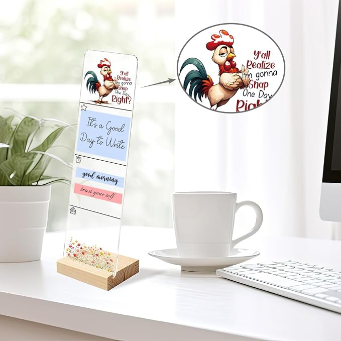 Sticky Note Holder, Monitor Memo Board, Acrylic Post It Note Holder with Wooden Base, Includes 200 Notes, Desk Organizer, Funny Rooster Quote “Y’All Realize I’m Gonna Snap”