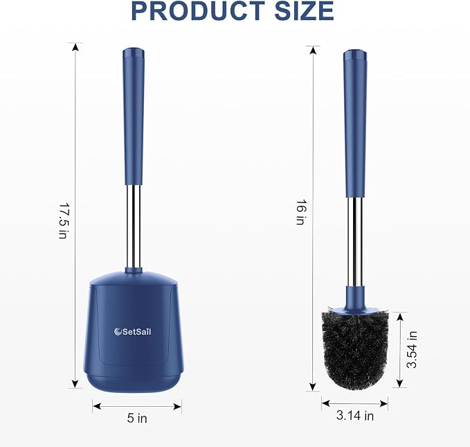 SetSail Toilet Brush and Holder, Self Closing Lid Toilet Bowl Brushes Holder and Extra Long Handle Ventilated Toilet Brush Set for Bathroom Cleaning, Nylon Bristles, 2 Packs-Dark & Blue
