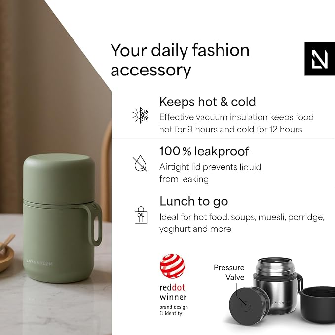 LARS NYSØM Stainless Steel Vacuum Insulated Food Jar - Leakproof Lunch Pot & Lunch Jar for Hot and Cold Food, Wide Mouth, Portable Soup Container for Work & Travel (Stainless Steel, 12oz)