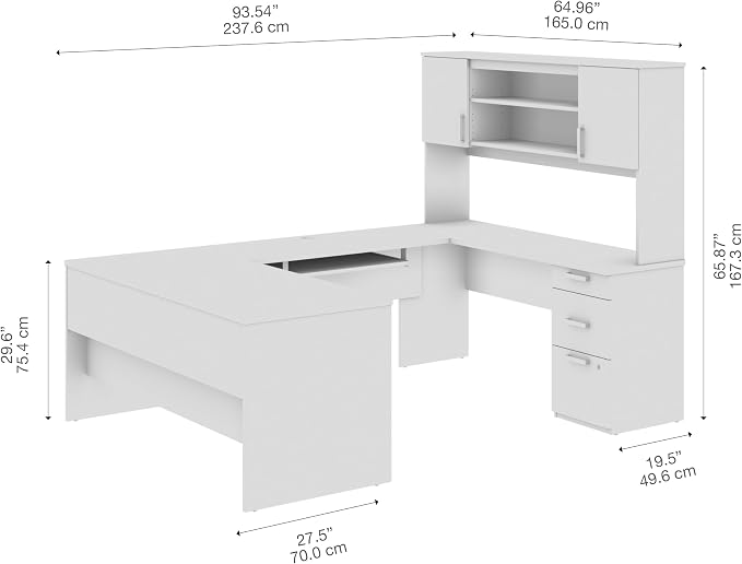 Bestar, Ridgeley Collection, Modern Executive Computer Desk with Pedestal and Hutch | With Pedestal and Hutch; Made in North America; for home or professional office use; 2 adjustable shelves; Metal construction