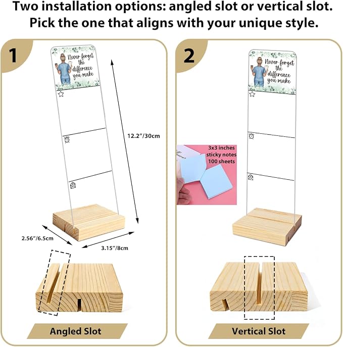 Sticky Note Holder, Monitor Memo Board, Acrylic Post It Note Holder with Wooden Base, Includes 100 Notes, Appreciation Desk Organizer, Nurse Quote “Never Forget The Difference You Make”