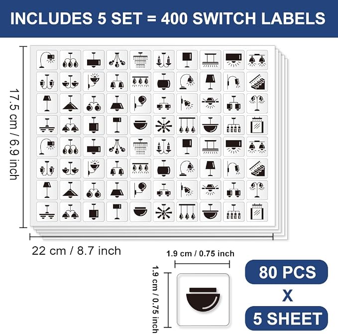 400 Pcs Light Switch Sticker Labels, 40 Designs Transparent Switch ID Stickers Switchboard Label Decals for Home, Kitchen, Bathroom, Office School, 19x19mm