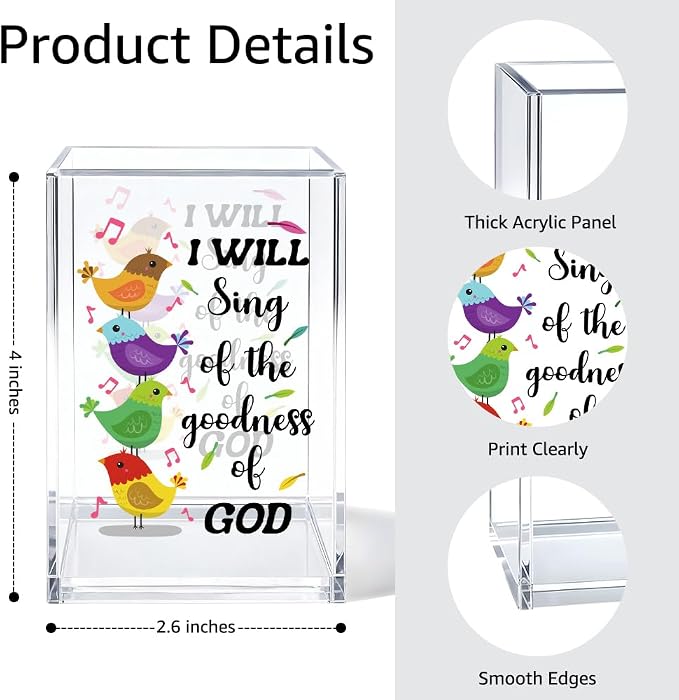 I Will Sing Of The Goodness Of God Pen Holder Makeup Organizer, Funny Bird Christian Pencil Pen Holder for Desk, Musical Notes Desk Accessories Bible Verse Pencil Cup, Religious Gifts Organizer